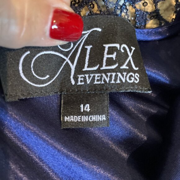 Alex Evenings Sheer Lace Sequin Dress w/ Slip Navy Bell Sleeves Fairy Whimsical - Picture 12 of 13